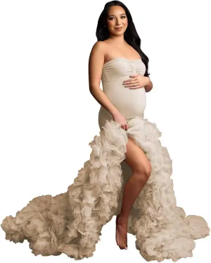Stretchy Tight Maternity Dresses Pregnancy Gown for Photoshoot Strapless Ruffles Robe for Women Pregnant