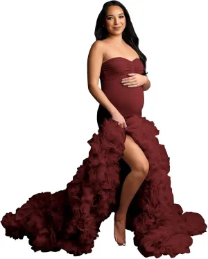 Stretchy Tight Maternity Dresses Pregnancy Gown for Photoshoot Strapless Ruffles Robe for Women Pregnant