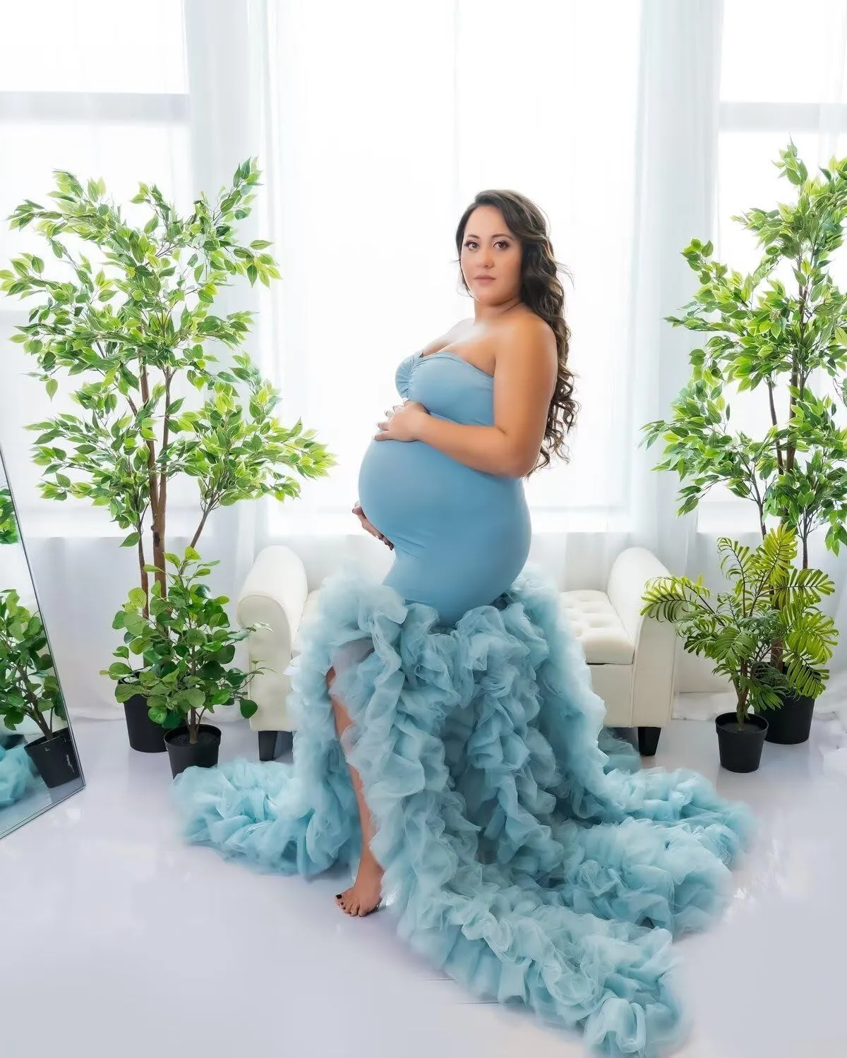 Stretchy Tight Maternity Dresses Pregnancy Gown for Photoshoot Strapless Ruffles Robe for Women Pregnant