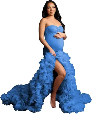 Stretchy Tight Maternity Dresses Pregnancy Gown for Photoshoot Strapless Ruffles Robe for Women Pregnant