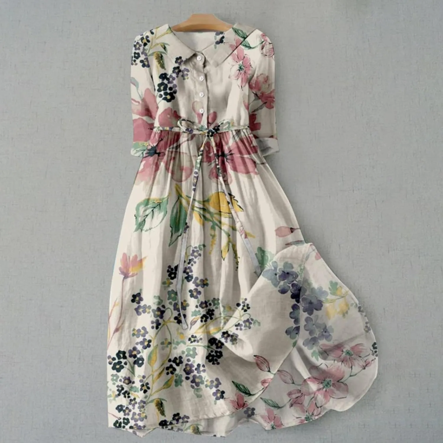 Summer Cotton Linen Shirt Dresses for Women Elbow Sleeve Pleated Crew Neck High Waist Comfy Casual Long Maxi Dresses