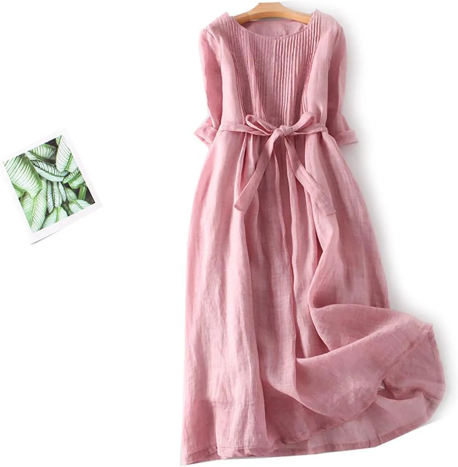 Summer Cotton Linen Shirt Dresses for Women Elbow Sleeve Pleated Crew Neck High Waist Comfy Casual Long Maxi Dresses