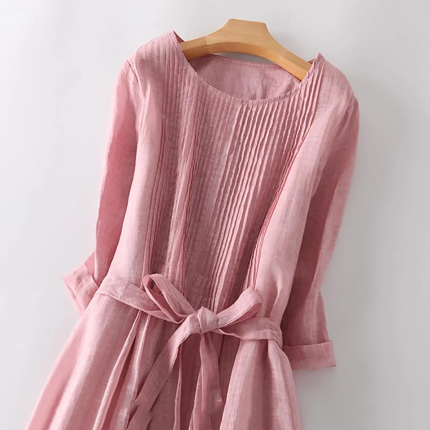 Summer Cotton Linen Shirt Dresses for Women Elbow Sleeve Pleated Crew Neck High Waist Comfy Casual Long Maxi Dresses