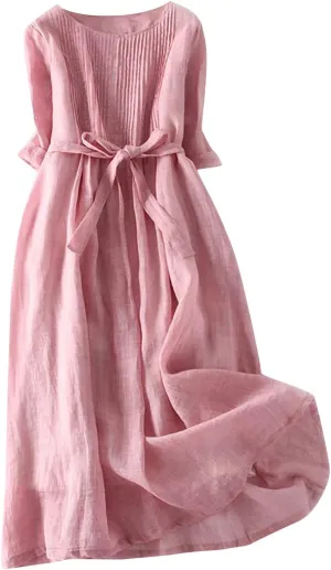Summer Cotton Linen Shirt Dresses for Women Elbow Sleeve Pleated Crew Neck High Waist Comfy Casual Long Maxi Dresses