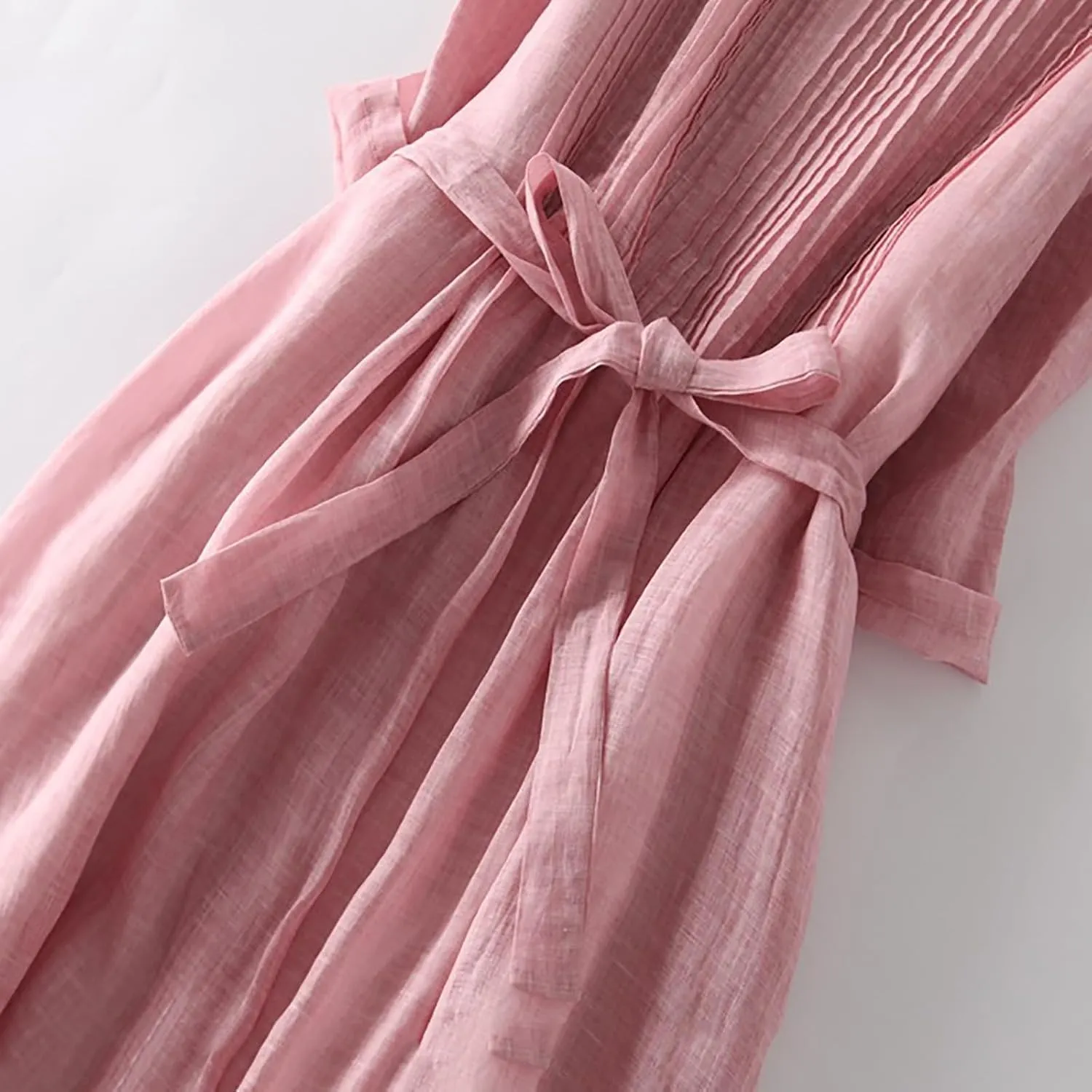 Summer Cotton Linen Shirt Dresses for Women Elbow Sleeve Pleated Crew Neck High Waist Comfy Casual Long Maxi Dresses