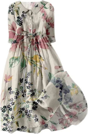 Summer Cotton Linen Shirt Dresses for Women Elbow Sleeve Pleated Crew Neck High Waist Comfy Casual Long Maxi Dresses
