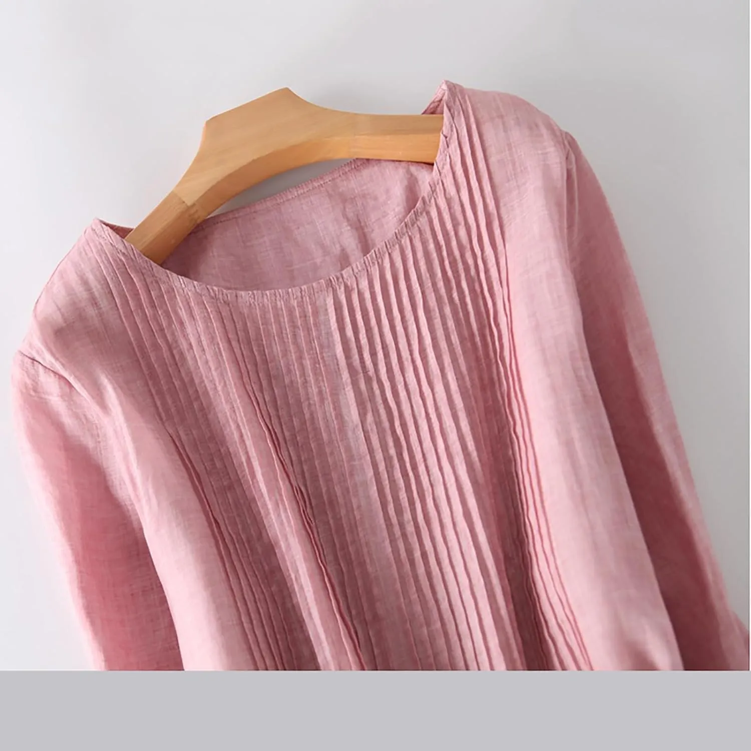 Summer Cotton Linen Shirt Dresses for Women Elbow Sleeve Pleated Crew Neck High Waist Comfy Casual Long Maxi Dresses