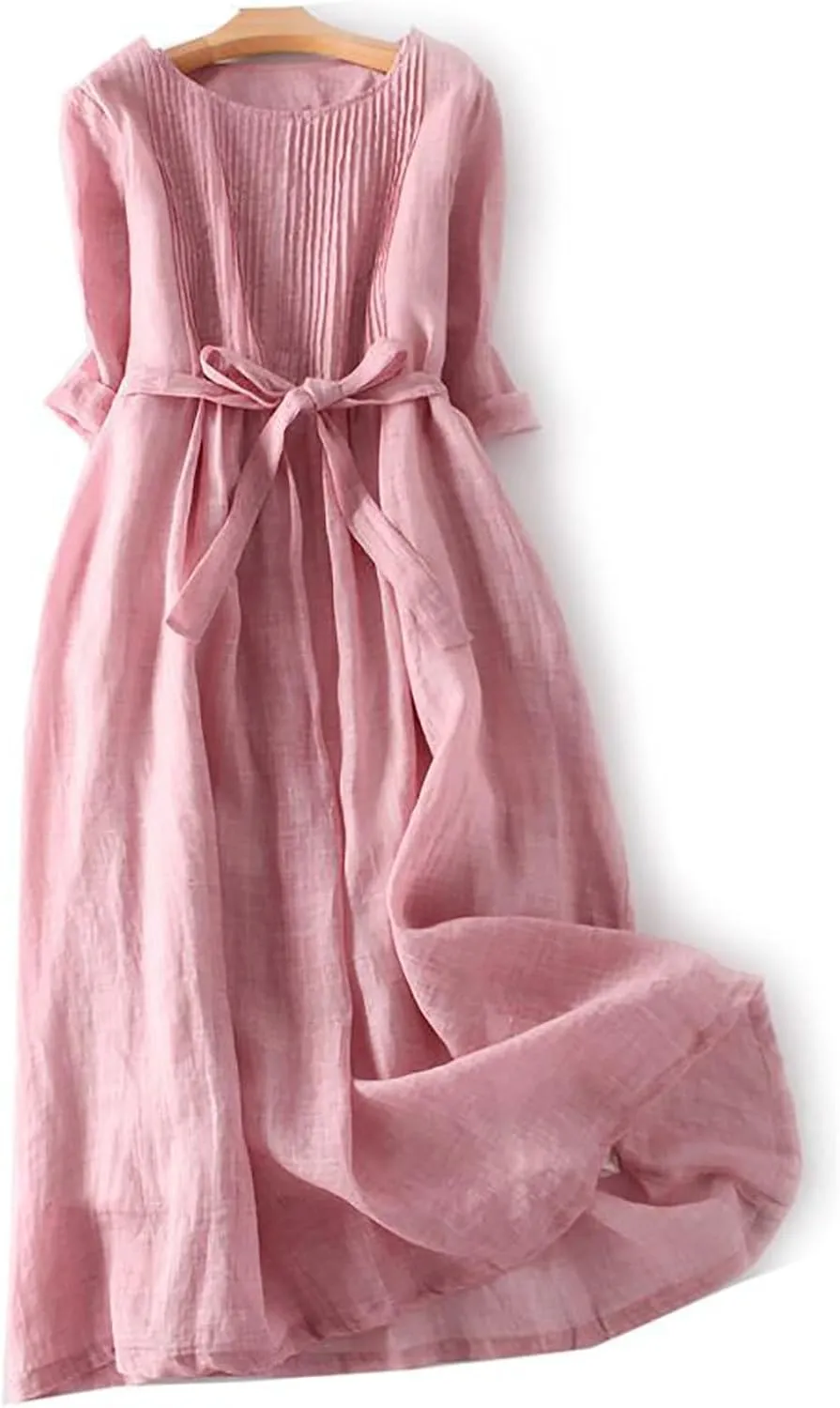 Summer Cotton Linen Shirt Dresses for Women Elbow Sleeve Pleated Crew Neck High Waist Comfy Casual Long Maxi Dresses