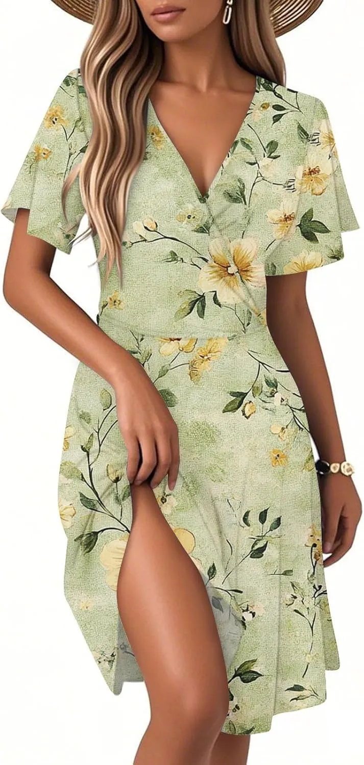 Summer Floral Dresses for Women 2025 Casual Summer V Neck Flutter Sleeve Wrap Dress Flowy A Line Tea Party Dress