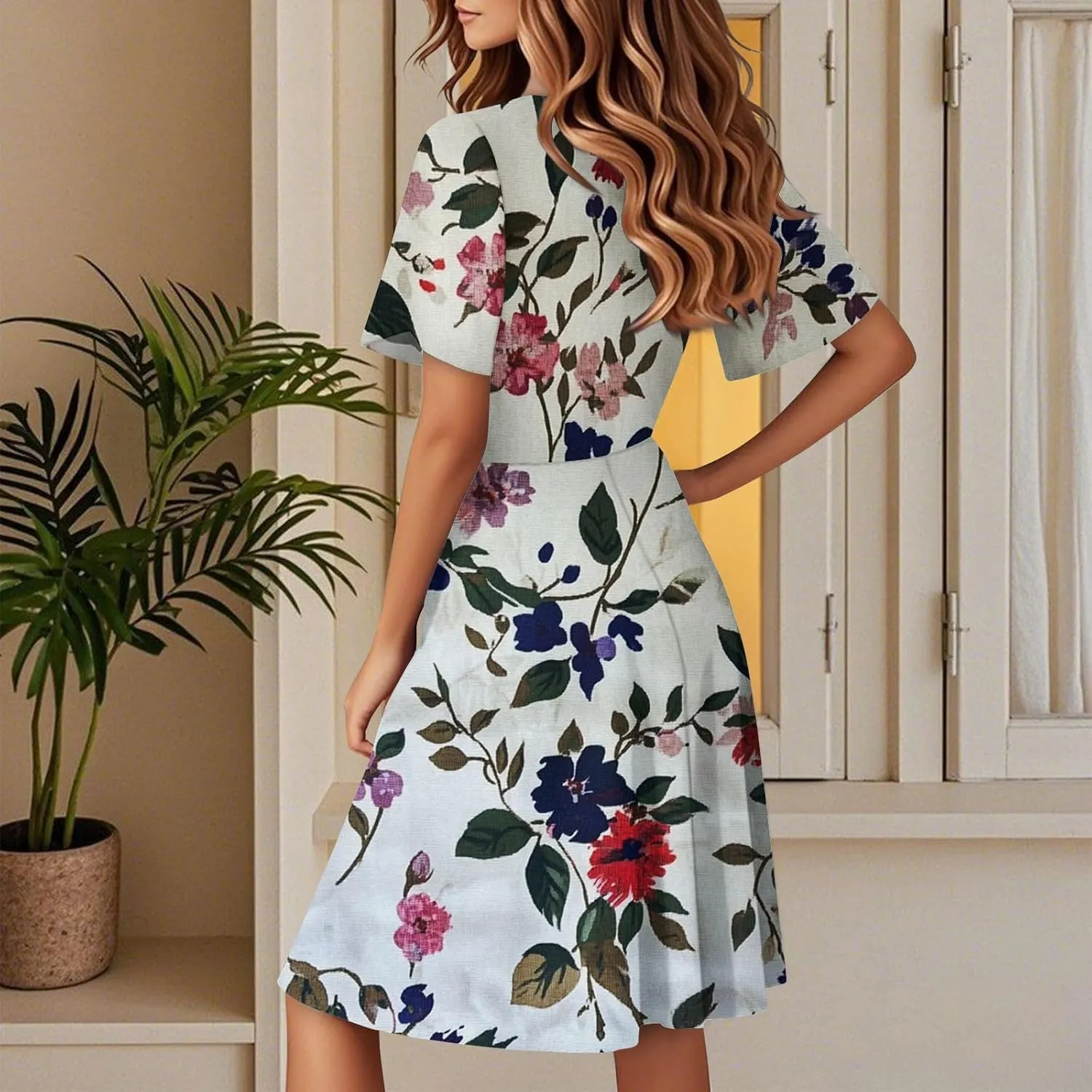 Summer Floral Dresses for Women 2025 Casual Summer V Neck Flutter Sleeve Wrap Dress Flowy A Line Tea Party Dress