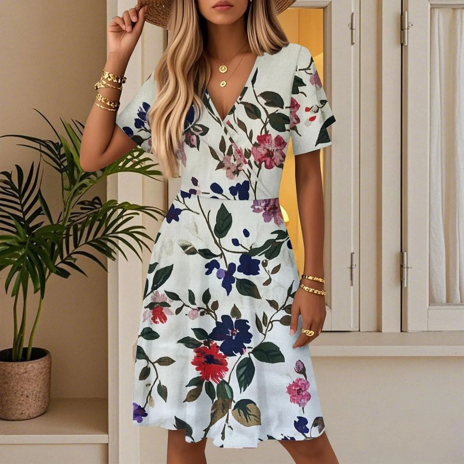 Summer Floral Dresses for Women 2025 Casual Summer V Neck Flutter Sleeve Wrap Dress Flowy A Line Tea Party Dress
