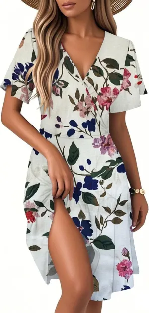 Summer Floral Dresses for Women 2025 Casual Summer V Neck Flutter Sleeve Wrap Dress Flowy A Line Tea Party Dress