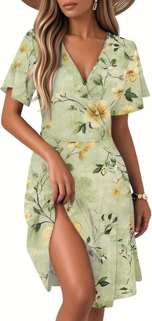 Summer Floral Dresses for Women 2025 Casual Summer V Neck Flutter Sleeve Wrap Dress Flowy A Line Tea Party Dress