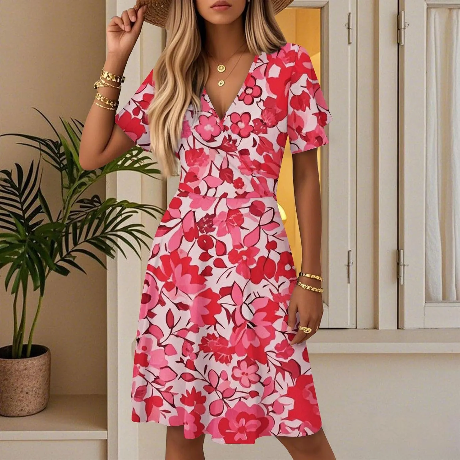 Summer Floral Dresses for Women 2025 Casual Summer V Neck Flutter Sleeve Wrap Dress Flowy A Line Tea Party Dress