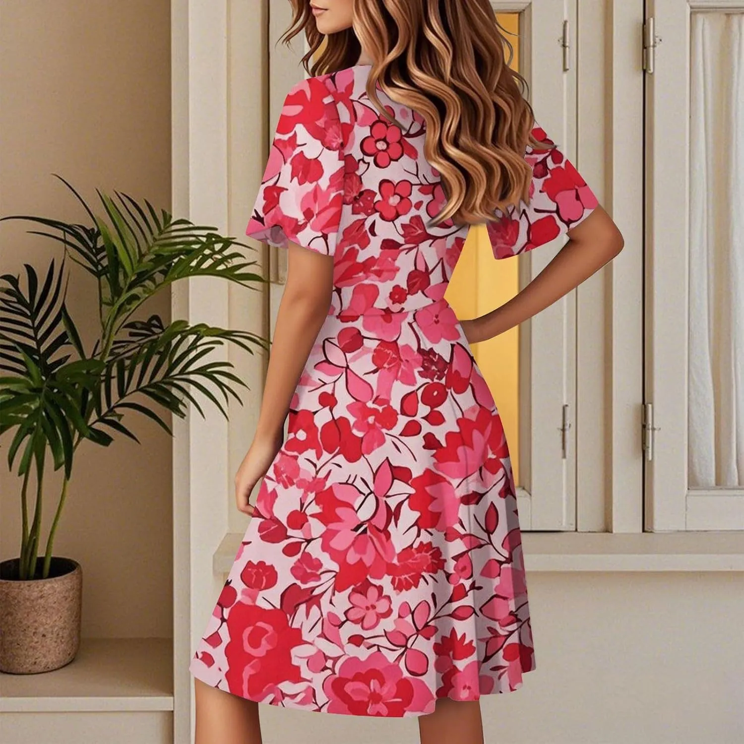 Summer Floral Dresses for Women 2025 Casual Summer V Neck Flutter Sleeve Wrap Dress Flowy A Line Tea Party Dress