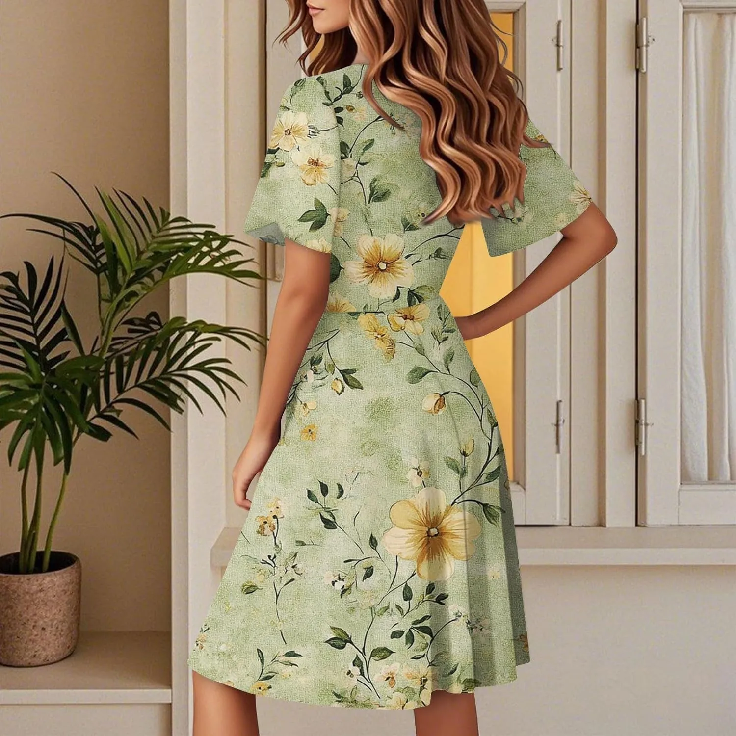 Summer Floral Dresses for Women 2025 Casual Summer V Neck Flutter Sleeve Wrap Dress Flowy A Line Tea Party Dress
