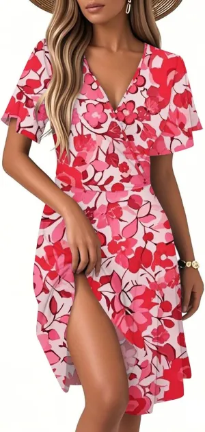 Summer Floral Dresses for Women 2025 Casual Summer V Neck Flutter Sleeve Wrap Dress Flowy A Line Tea Party Dress