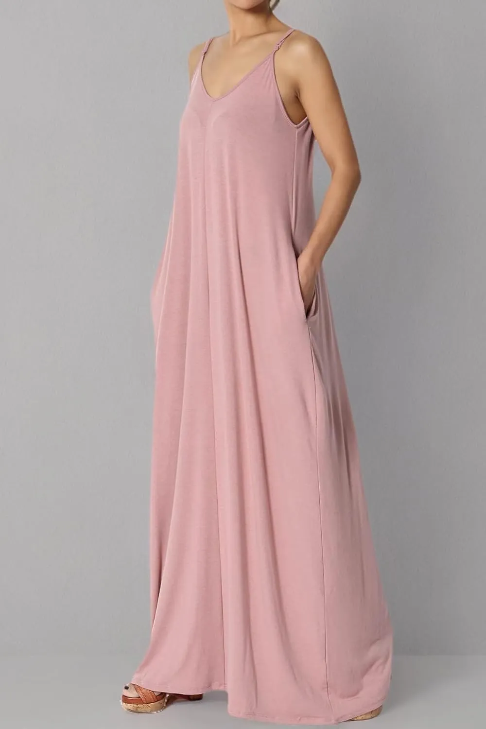 TheMogan Women's Casual V-Neck Draped Jersey Cami Long Maxi Dress W Pocket Summer Beach