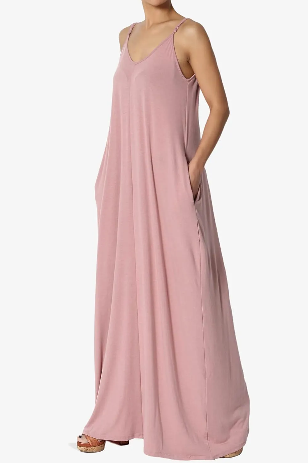 TheMogan Women's Casual V-Neck Draped Jersey Cami Long Maxi Dress W Pocket Summer Beach