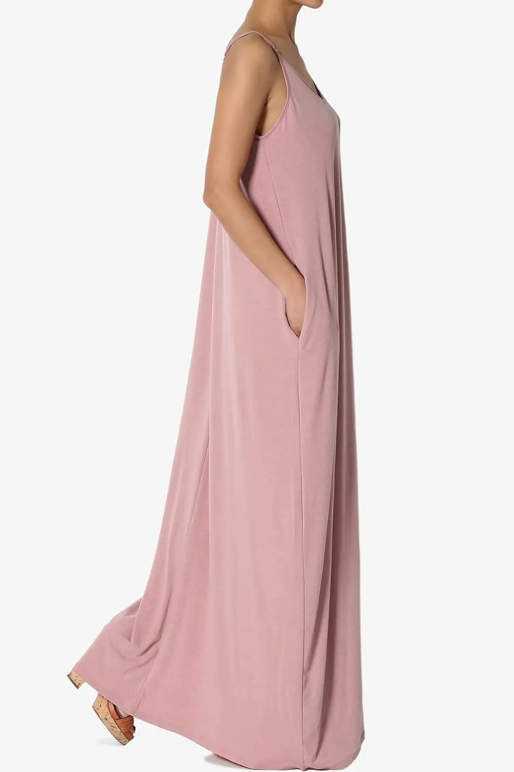 TheMogan Women's Casual V-Neck Draped Jersey Cami Long Maxi Dress W Pocket Summer Beach
