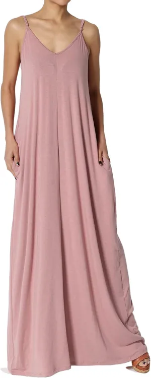 TheMogan Women's Casual V-Neck Draped Jersey Cami Long Maxi Dress W Pocket Summer Beach