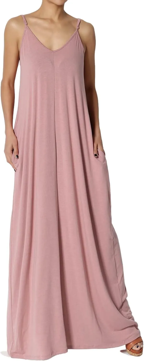 TheMogan Women's Casual V-Neck Draped Jersey Cami Long Maxi Dress W Pocket Summer Beach