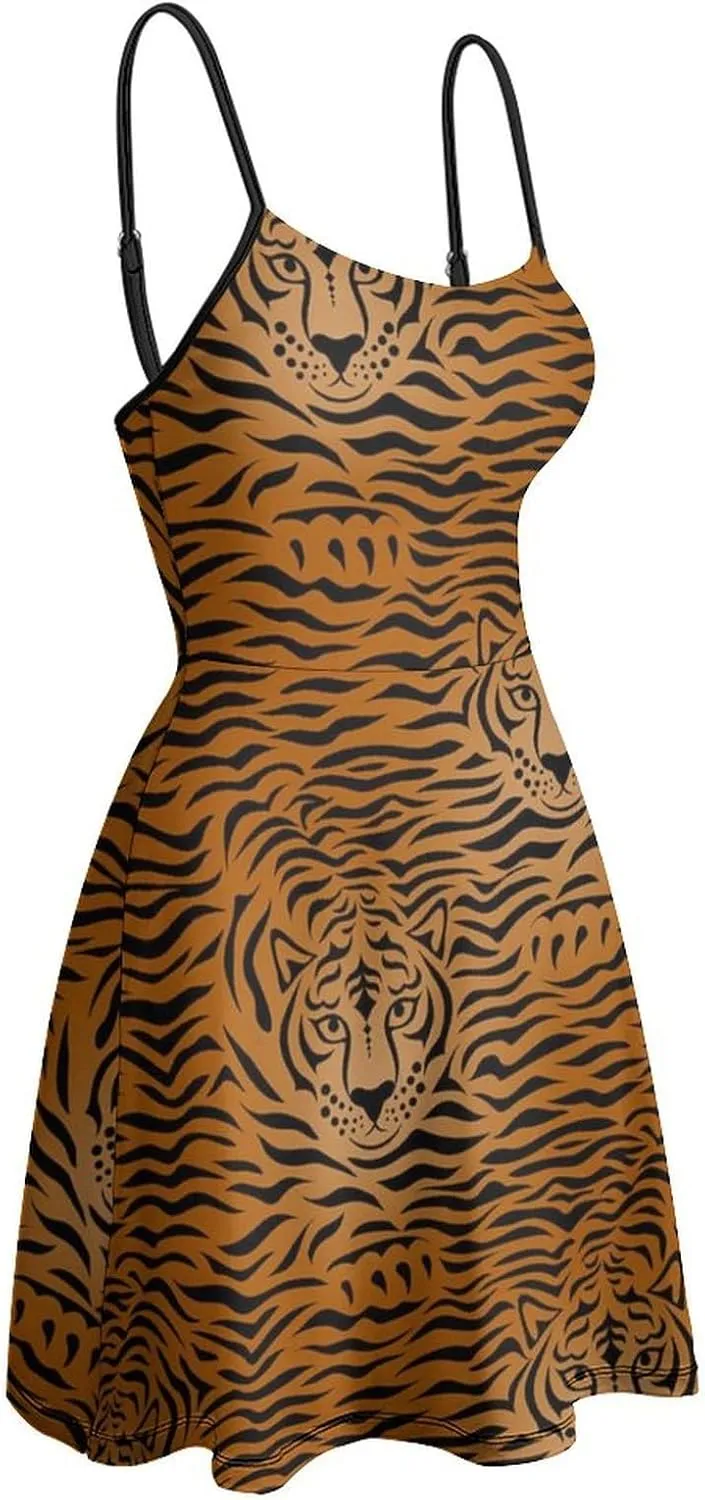 Tiger Animal Print Women's Sleeveless Mini Dress Slip Tank Swing Sundress Party Club
