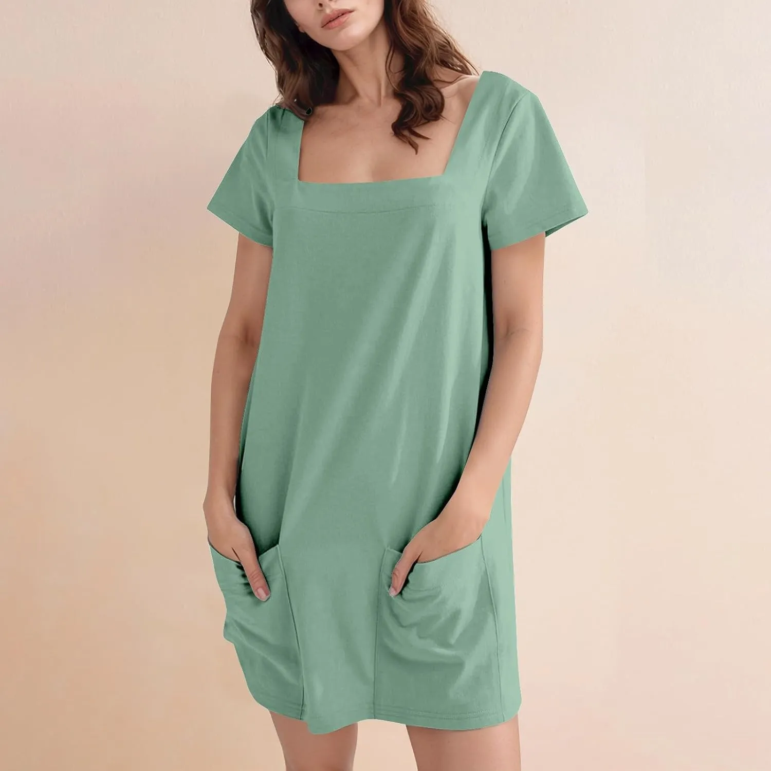 Tshirt Dress Women Summer Short Sleeve Square Neck Mini Dress Casual Cute Shift Vacation Beach Dress with Pockets