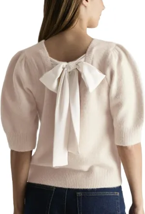 UAURORAO Sweater with Bows for Women Puff Short Sleeve Crewneck Pullover Top Tie Back Bowknot Knit T Shirt Blouses