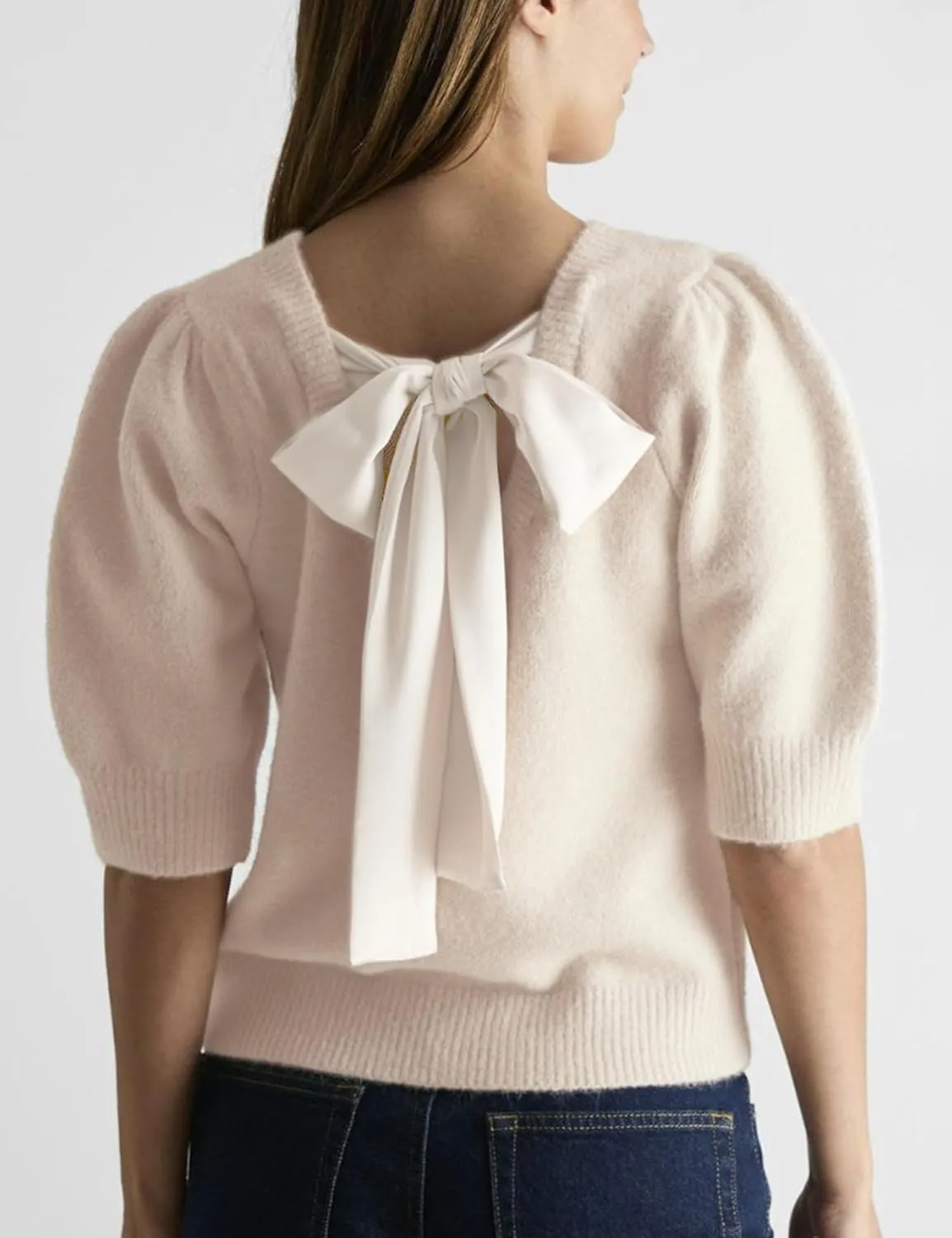 UAURORAO Sweater with Bows for Women Puff Short Sleeve Crewneck Pullover Top Tie Back Bowknot Knit T Shirt Blouses