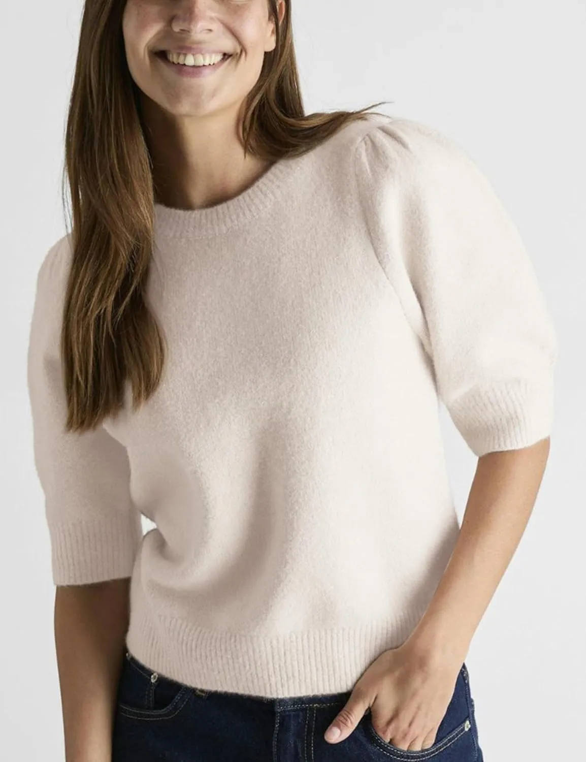 UAURORAO Sweater with Bows for Women Puff Short Sleeve Crewneck Pullover Top Tie Back Bowknot Knit T Shirt Blouses