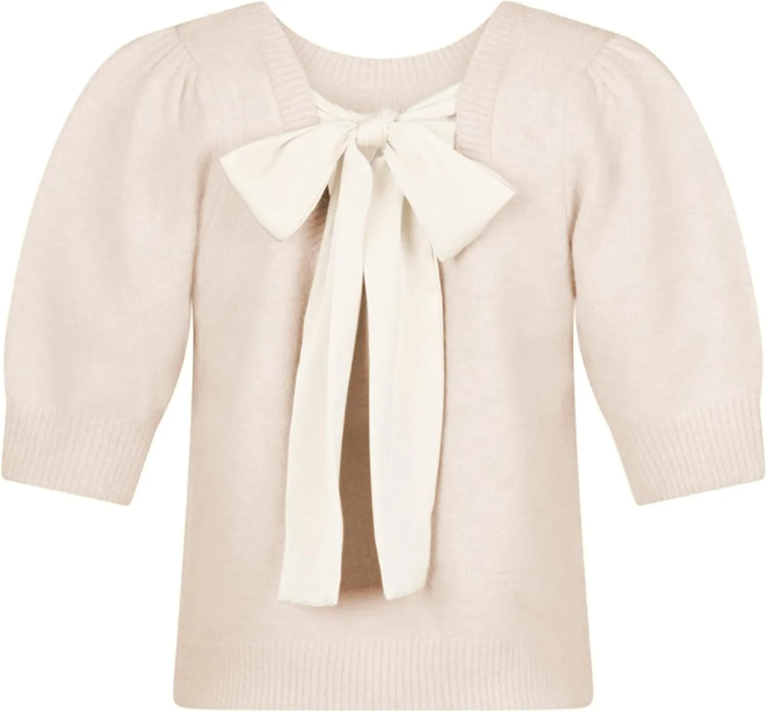 UAURORAO Sweater with Bows for Women Puff Short Sleeve Crewneck Pullover Top Tie Back Bowknot Knit T Shirt Blouses