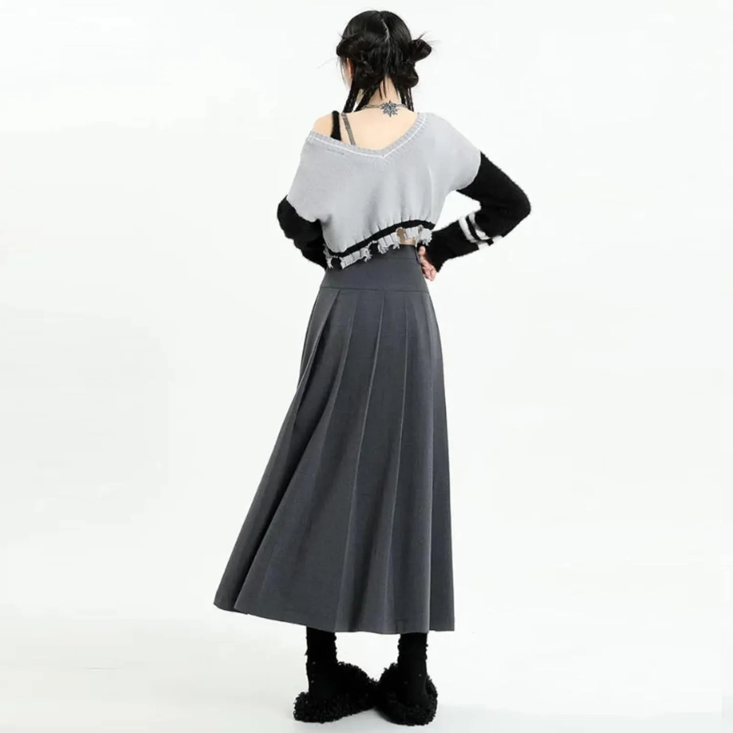 Vintage Medium Length Skirts Women Spring Summer High Waist Pleated Umbrella Skirt Y2K Female Clothes