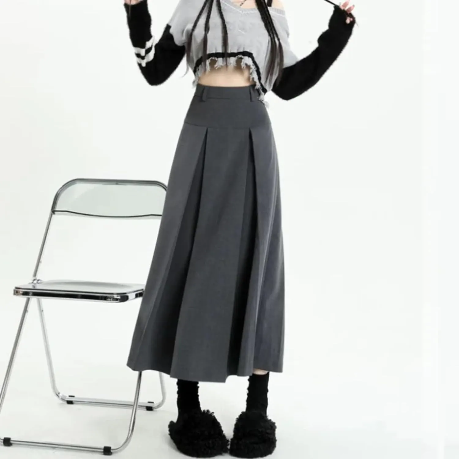 Vintage Medium Length Skirts Women Spring Summer High Waist Pleated Umbrella Skirt Y2K Female Clothes