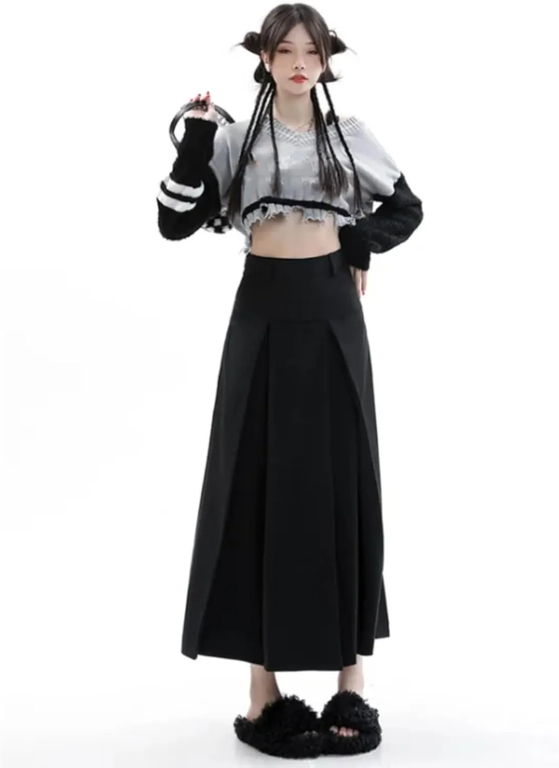 Vintage Medium Length Skirts Women Spring Summer High Waist Pleated Umbrella Skirt Y2K Female Clothes