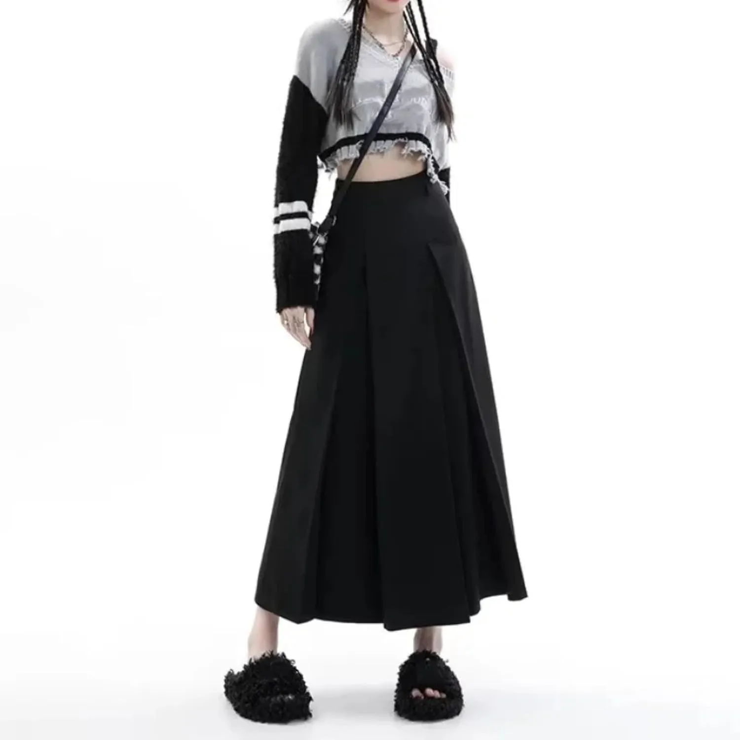 Vintage Medium Length Skirts Women Spring Summer High Waist Pleated Umbrella Skirt Y2K Female Clothes