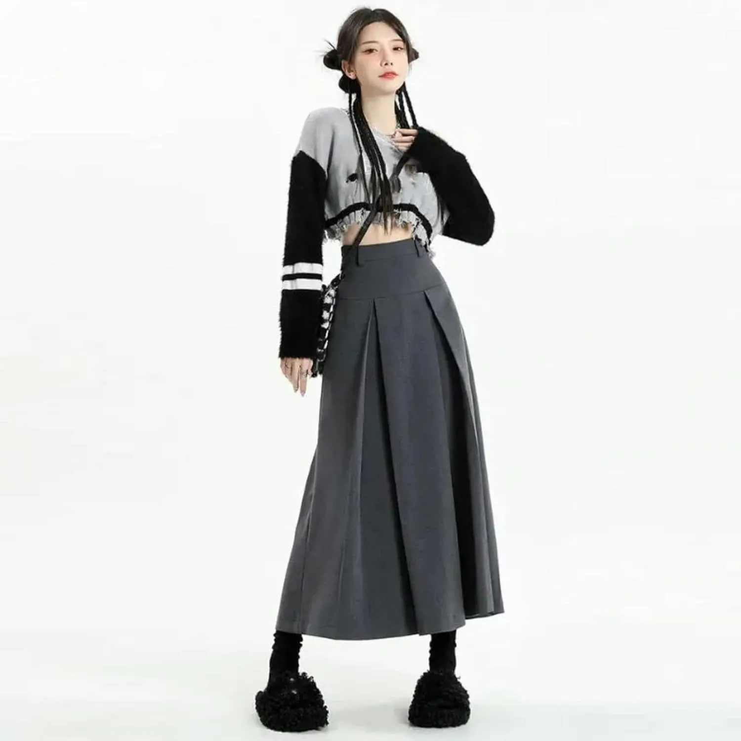 Vintage Medium Length Skirts Women Spring Summer High Waist Pleated Umbrella Skirt Y2K Female Clothes