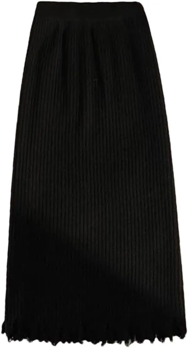 Vsadsau Women's Knitted Mid-Length Pencil Skirt Winter Stretch High Waist A-Line Straight Skirts