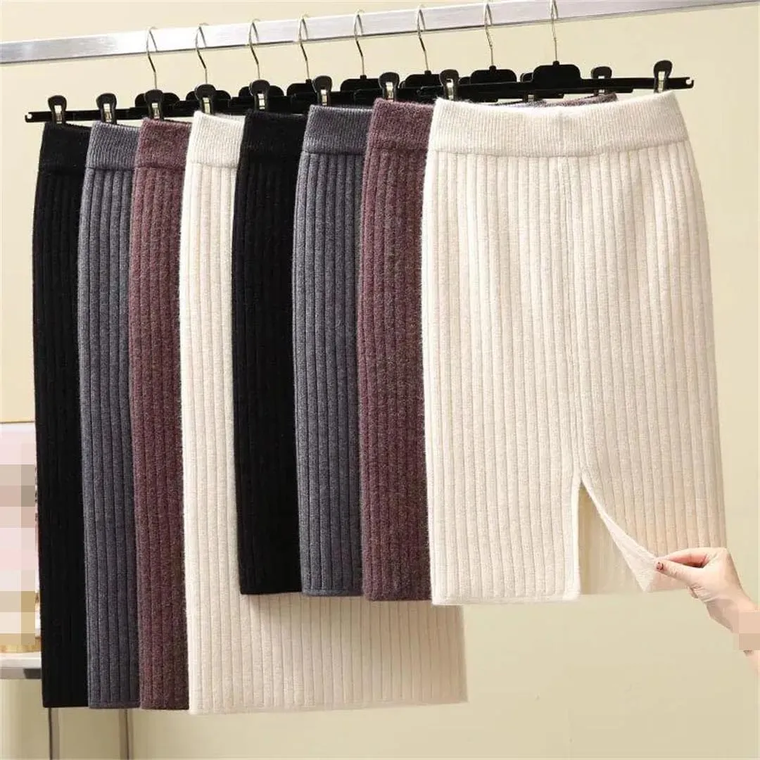 Vsadsau Women's Knitted Pencil Skirt Autumn and Winter Stretch High Waist Solid Color Midi Skirts