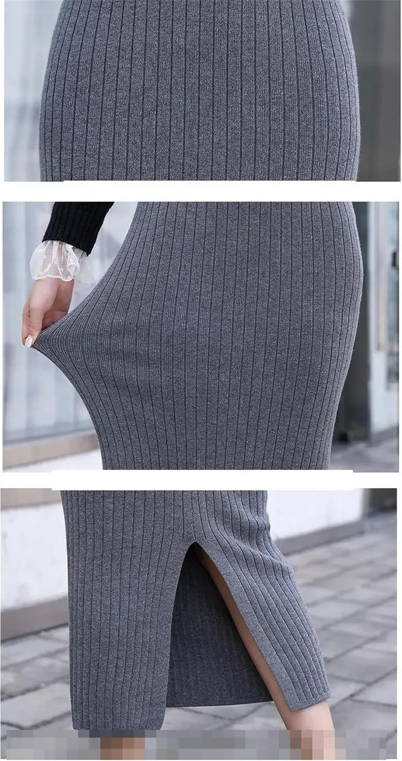 Vsadsau Women's Knitted Pencil Skirt Autumn and Winter Stretch High Waist Solid Color Midi Skirts