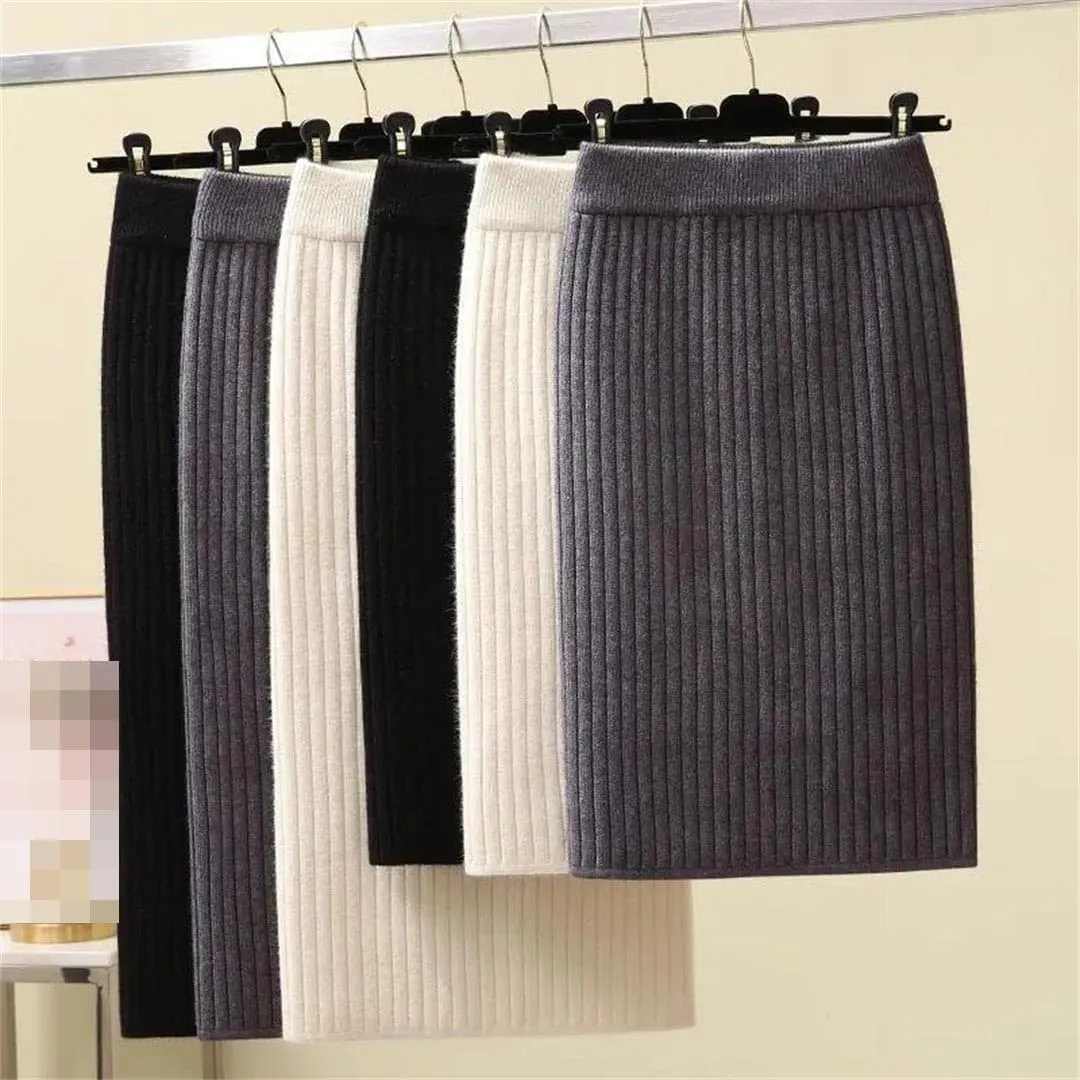 Vsadsau Women's Knitted Pencil Skirt Autumn and Winter Stretch High Waist Solid Color Midi Skirts