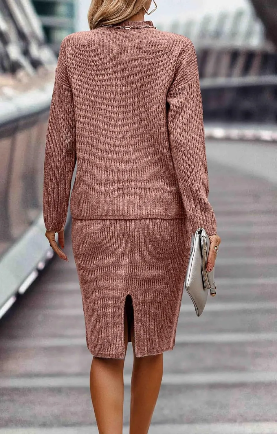 Women 2 Piece Knit Sweater Skirt Set Midi Sweater Dress Long Sleeve Pullover Bodycon Knitted Skirt Set Outfit