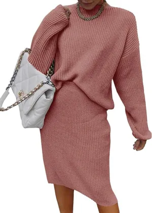 Women 2 Piece Knit Sweater Skirt Set Midi Sweater Dress Long Sleeve Pullover Bodycon Knitted Skirt Set Outfit