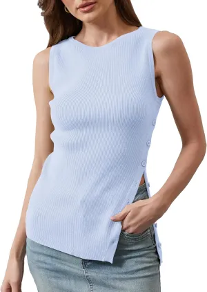 Women Asymmetrical Button Sweater Vest Sleeveless Side Split Rib Knit Slim Fit Sweater Tank Top Summer Pullover Top