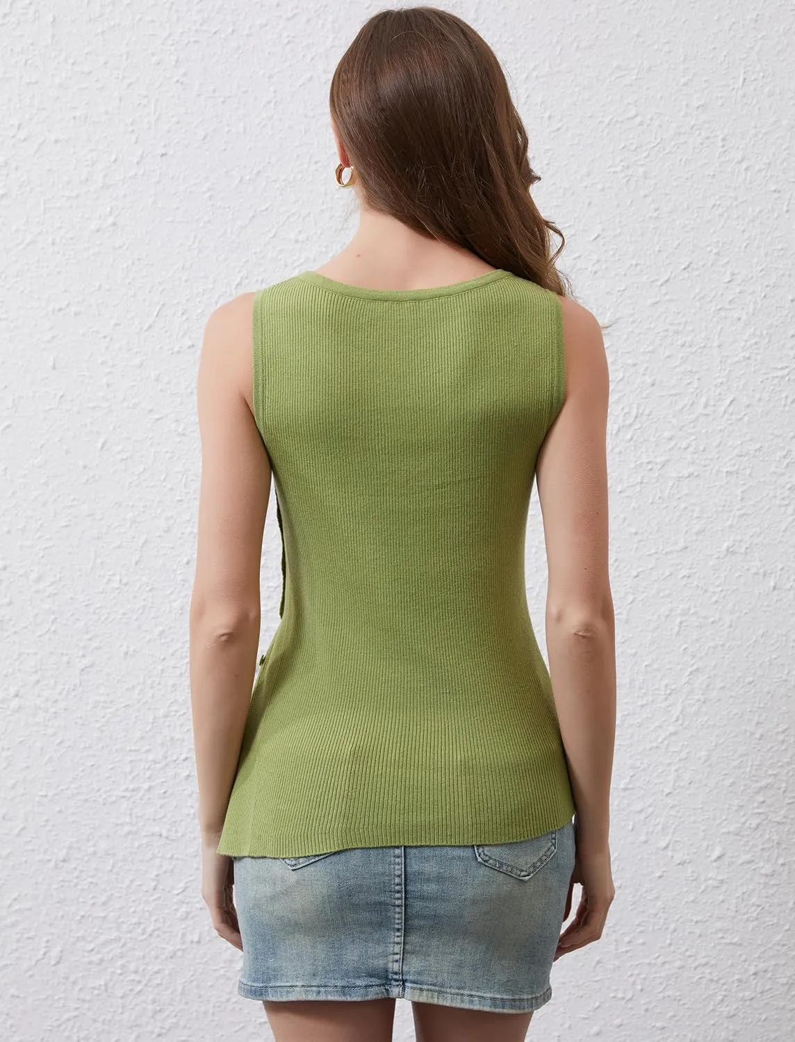Women Asymmetrical Button Sweater Vest Sleeveless Side Split Rib Knit Slim Fit Sweater Tank Top Summer Pullover Top
