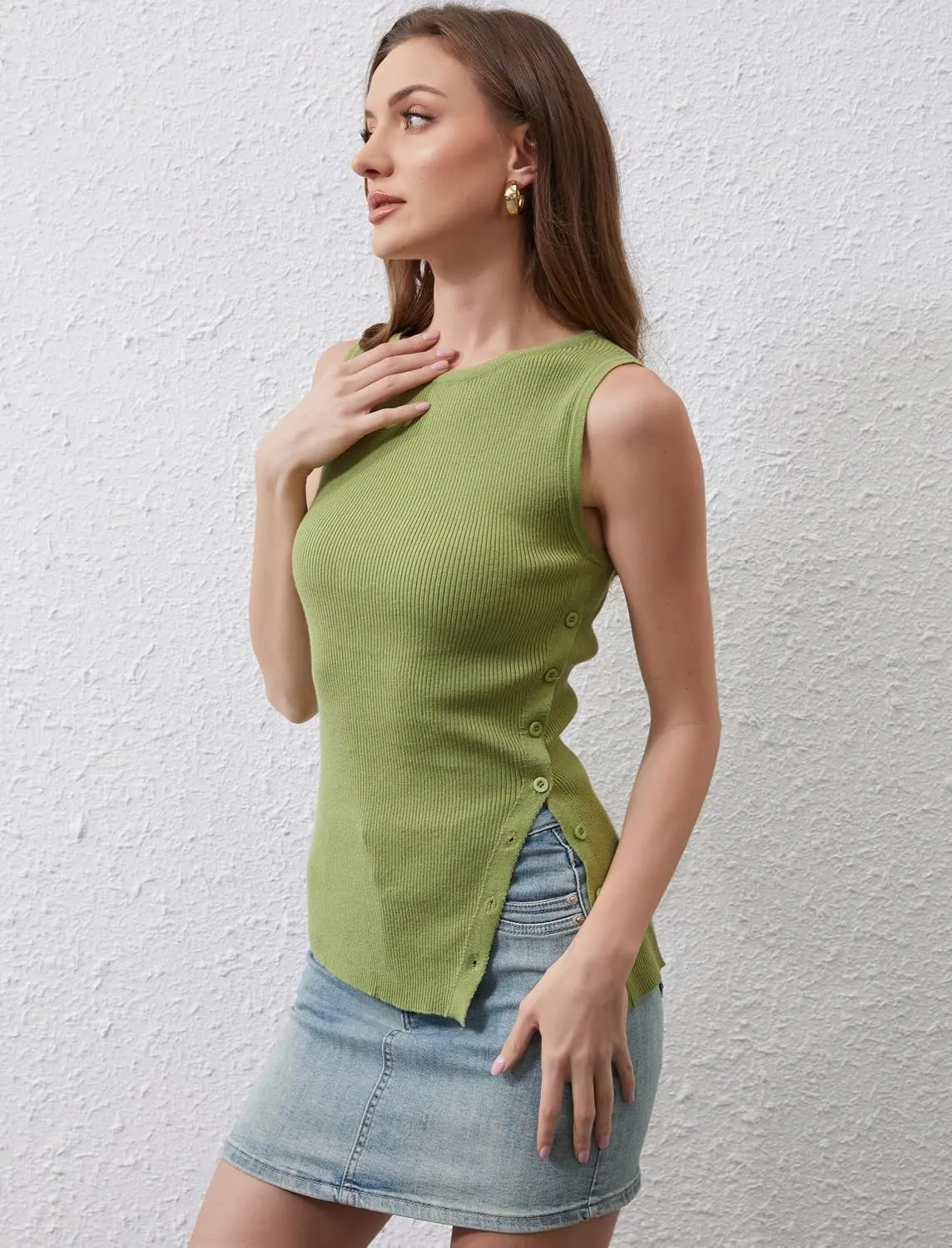 Women Asymmetrical Button Sweater Vest Sleeveless Side Split Rib Knit Slim Fit Sweater Tank Top Summer Pullover Top
