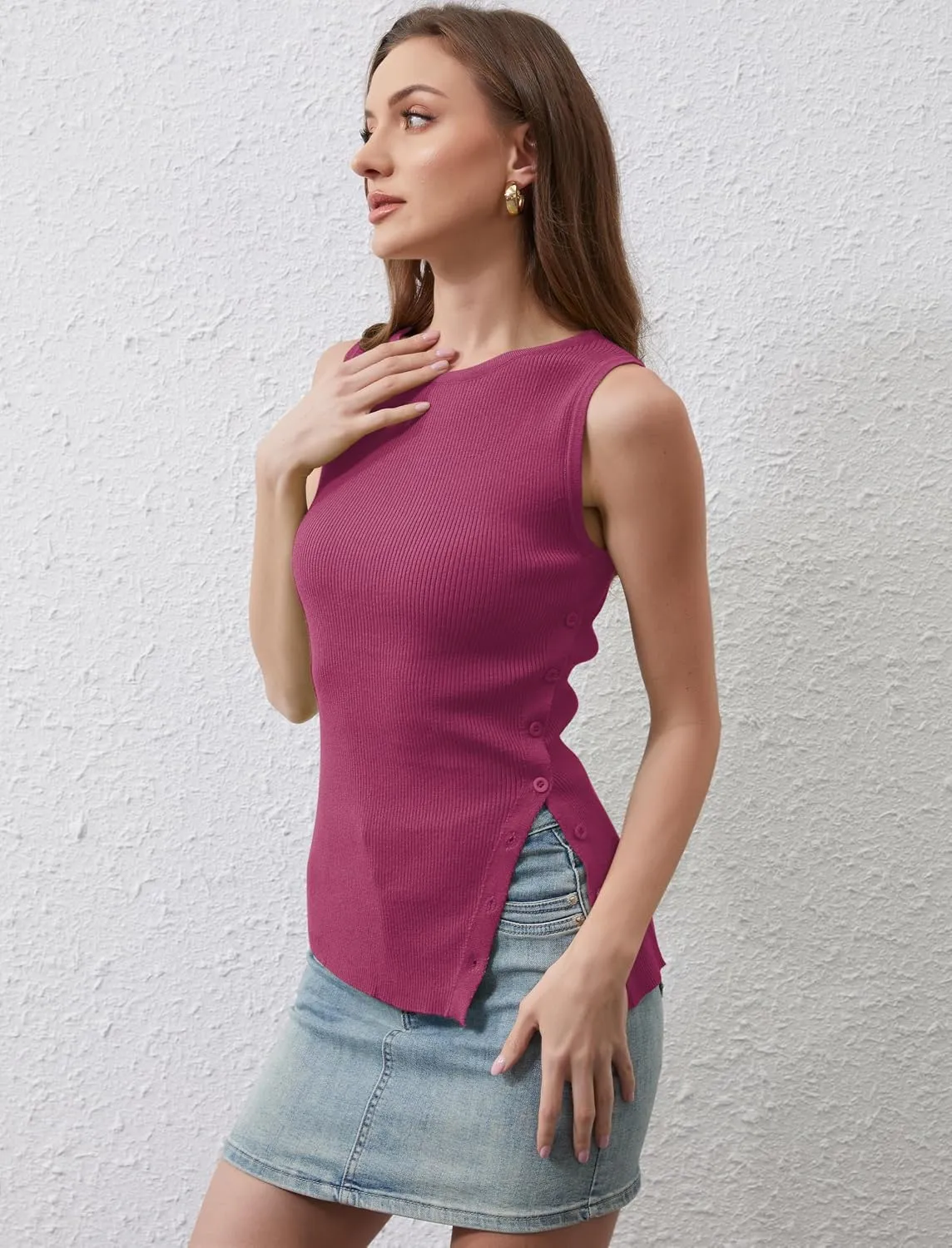 Women Asymmetrical Button Sweater Vest Sleeveless Side Split Rib Knit Slim Fit Sweater Tank Top Summer Pullover Top