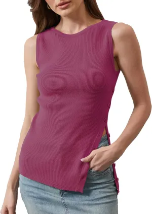 Women Asymmetrical Button Sweater Vest Sleeveless Side Split Rib Knit Slim Fit Sweater Tank Top Summer Pullover Top