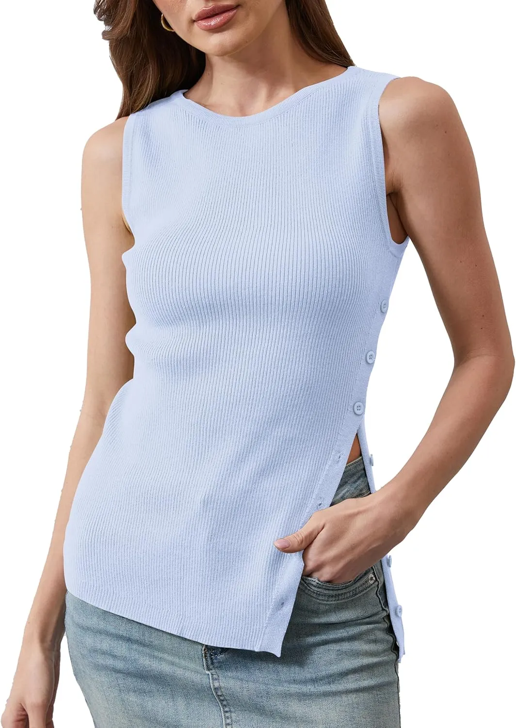 Women Asymmetrical Button Sweater Vest Sleeveless Side Split Rib Knit Slim Fit Sweater Tank Top Summer Pullover Top