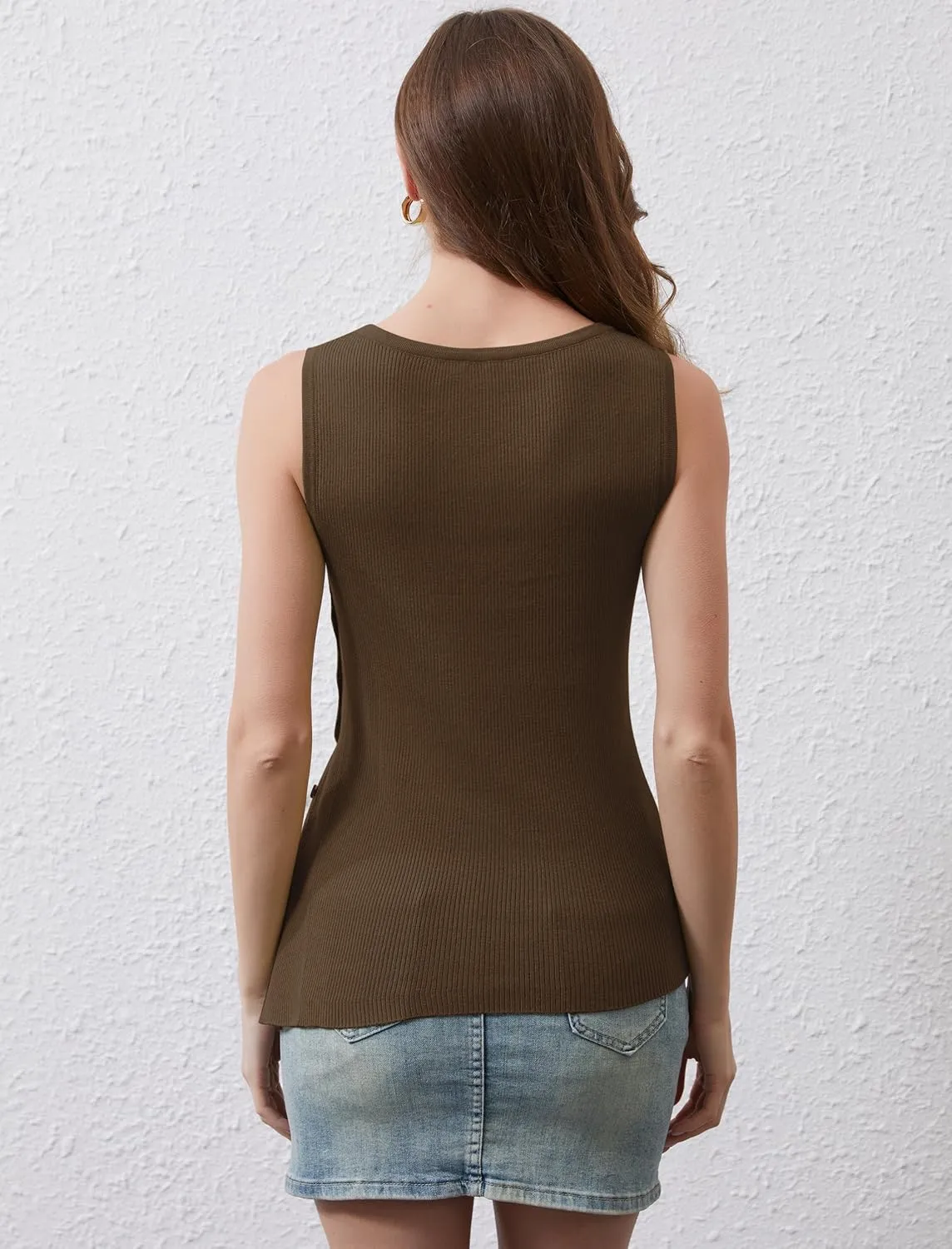 Women Asymmetrical Button Sweater Vest Sleeveless Side Split Rib Knit Slim Fit Sweater Tank Top Summer Pullover Top